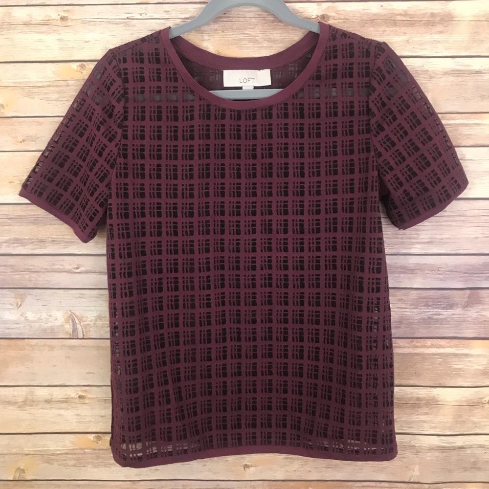 Ann Taylor Loft Sheer Burgundy Windowpane Top Sz S